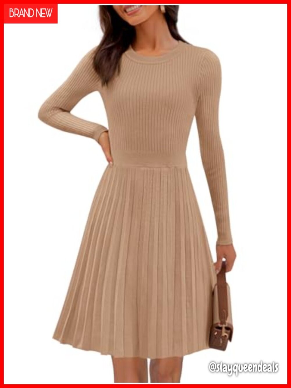 Long Sleeve A Line Pleated Ribbed Knit Mini Sweater Dress